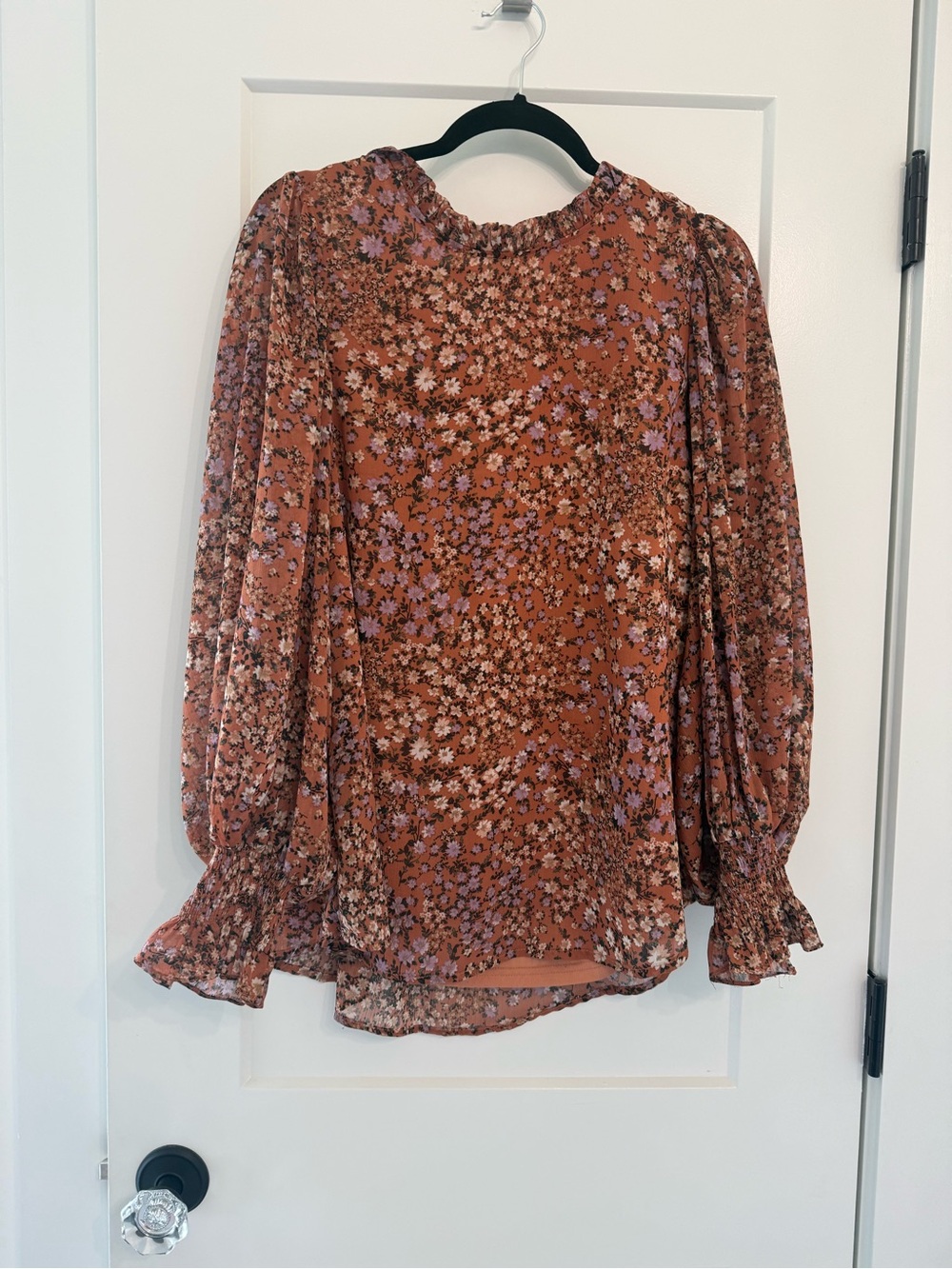JODIFL Rust Floral Smocked Neck Long-Sleeve Blouse